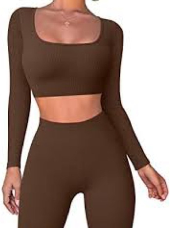 OQQ Tops - Ribbed Long Sleeve Crop Top OQQ - Chocolate Brown